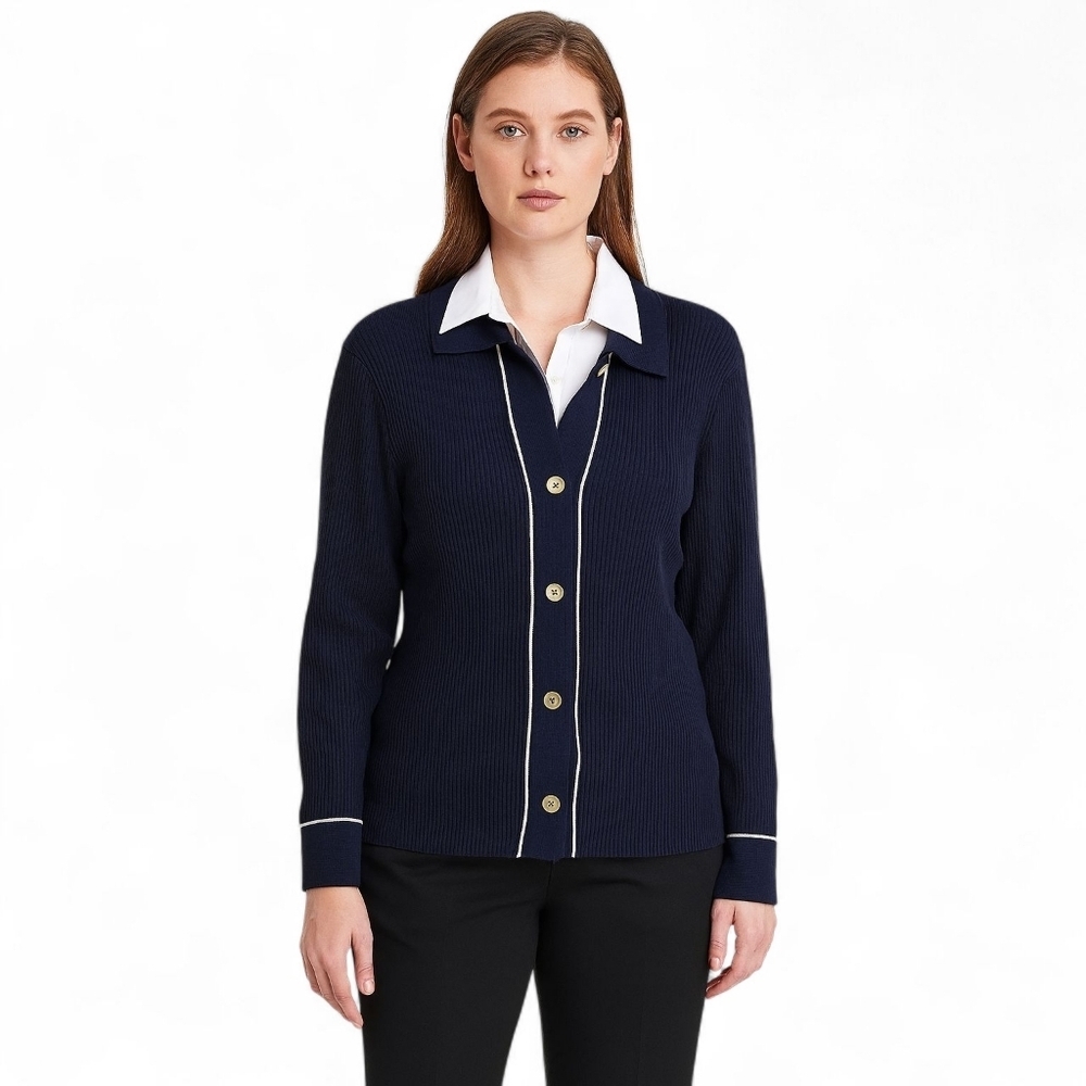 Cable & Gauge Navy Nautical Acadamia Office Preppy Knit Cardigan - Women's 1X